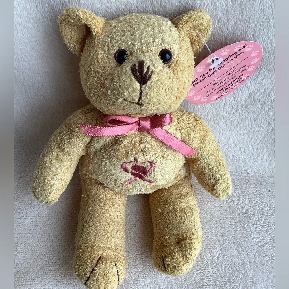 Avon Breast Cancer Tan Plush Teddy Bear with Pink Bow Stuffed Animal Toy 7 Inch